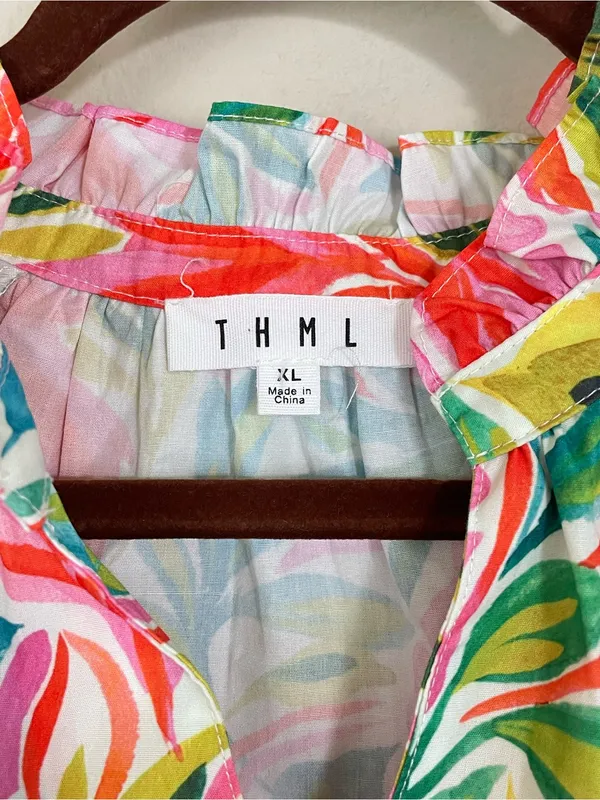 THML Floral Tropical Puff Sleeve Ruffle V Neck Top Size XL - Image 3