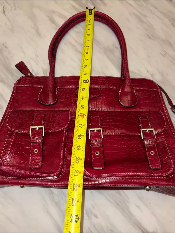 Red Croc Embossed Satchel Handbag 3 Buckle Pockets Structured Tote - Image 9