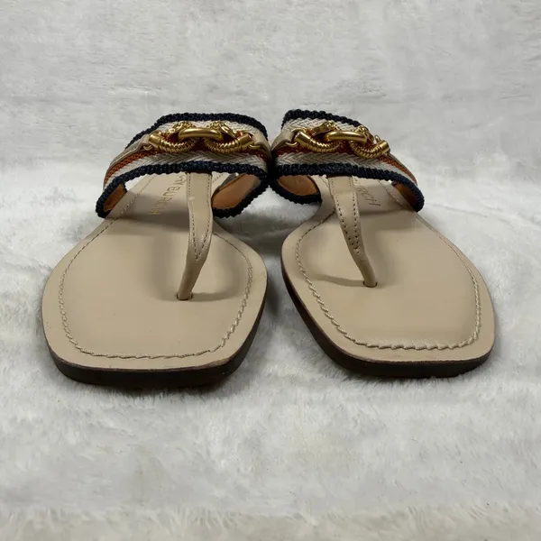 Tory Burch Eleanor Thong Sandal Beige Multi Striped Canvas Gold Chain Flat 5.5 - Image 2