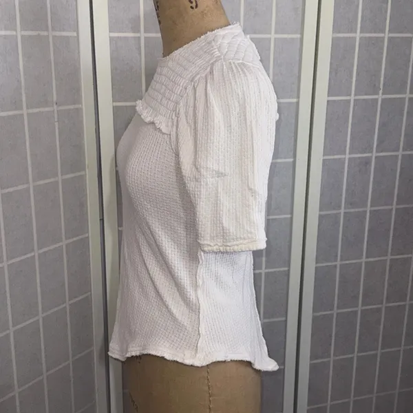 Free People Care Gauze Boho Minimalist Textured Ivory Stretch T-Shirt Size Small - Image 3