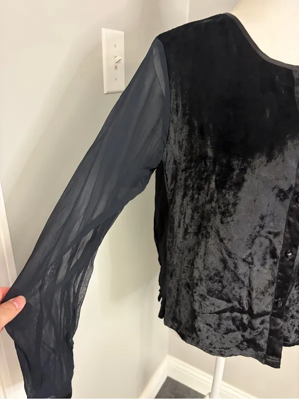 Vintage April Cornell black velvet sheer sleeves button down top size Medium 90s - Image 3