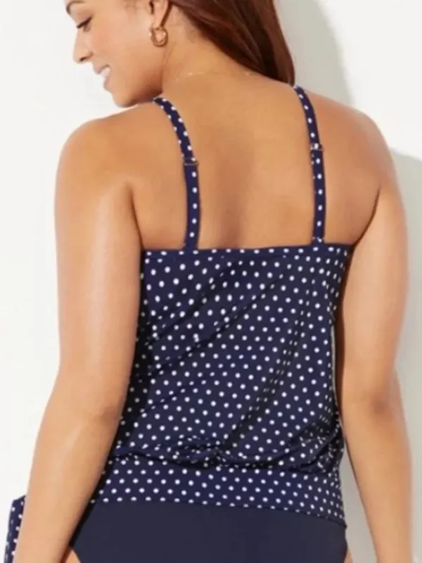Swimsuits for All Navy Blue Polka Dot Tie-Hem Blouson Style Tankini Swim Top - Image 2