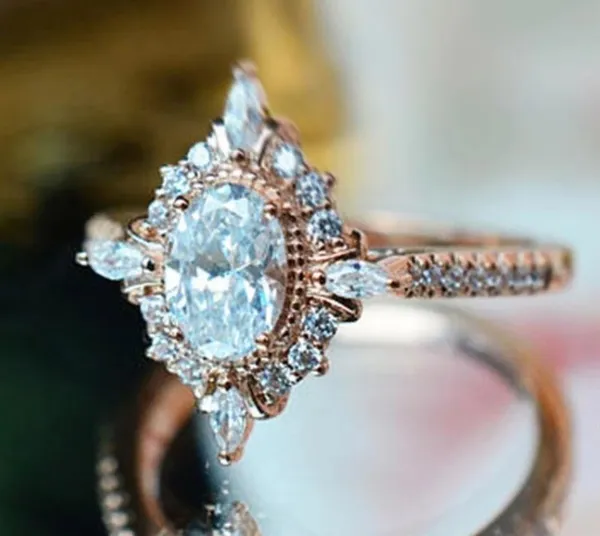 Oval Cut Halo Rhinestone Gold Silver Ring Crystal - Image 2