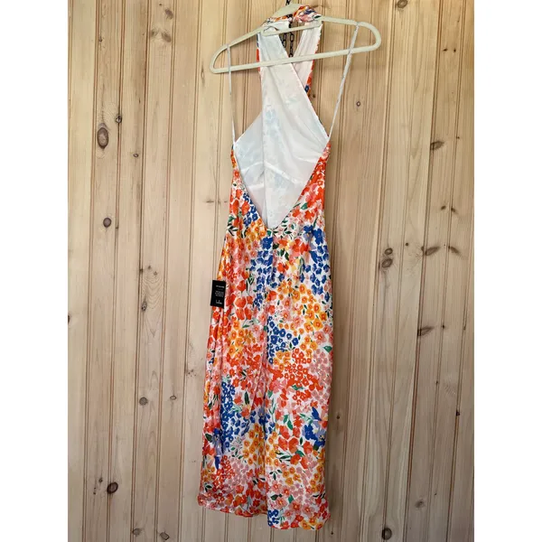 NWT Lulus Bold Presence Orange Multi Floral Satin Halter Midi Dress Party Size S - Image 5