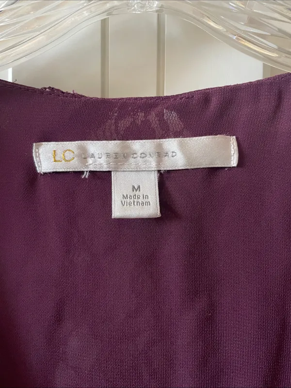LC Lauren Conrad Women’s Burgundy V-Neck Layered Chiffon Business Casual Blouse - Image 2