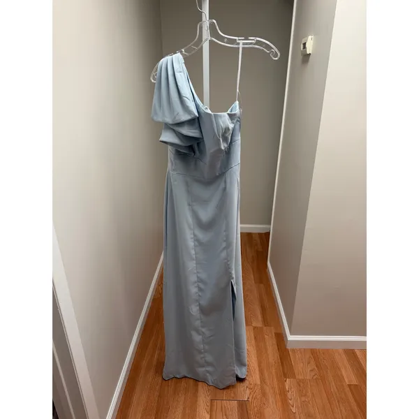 NEW After Six Crepe Princess Bow Gown One Shoulder Mist Blue Slit Thigh Size 4 - Image 4