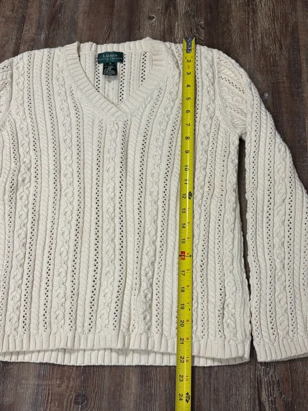Lauren Ralph Lauren Cable Knit V-Neck Vintage Cotton Sweater Medium Winter Cozy - Image 10