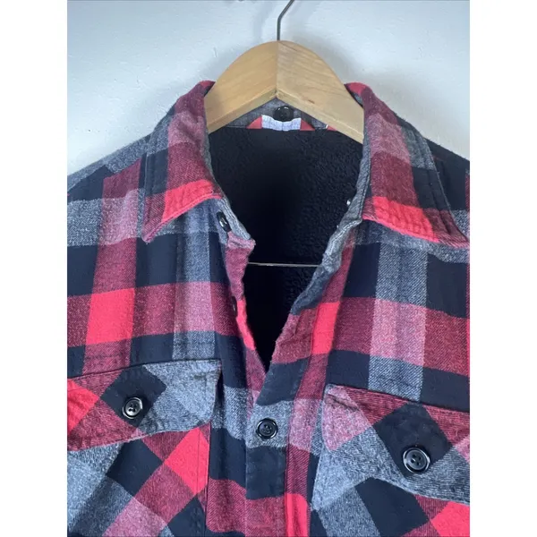 Saks 5th Avenue Plaid Shaket Hoodie red Black Small fleece lined flannel large - Image 5