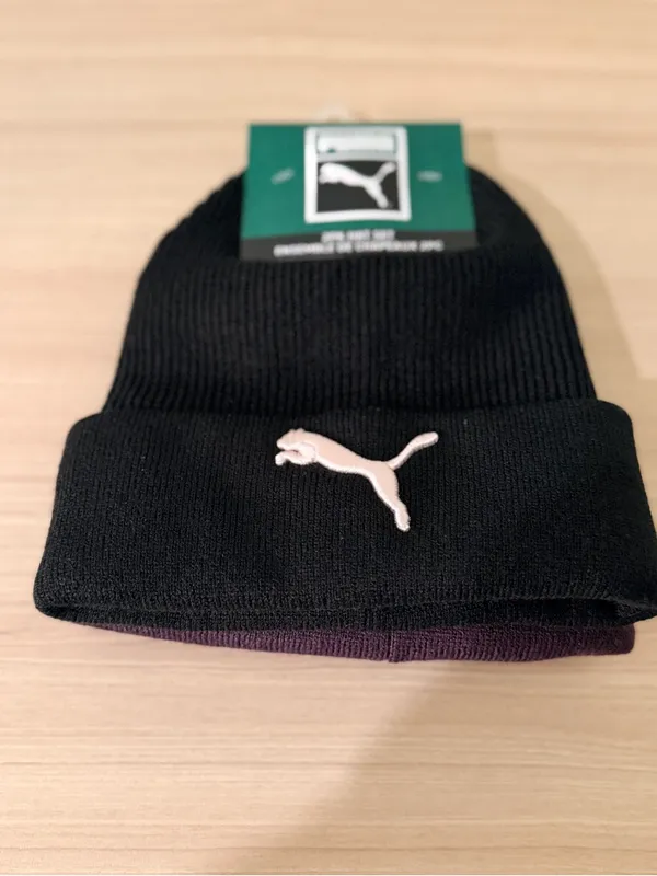 Puma Black Ribbed Beanie with Pink Puma Logo - Image 3