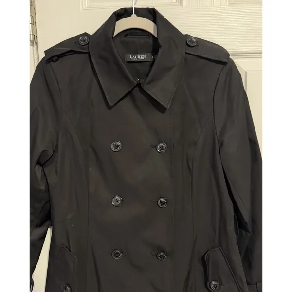 Lauren Ralph Lauren Black Label Trench Coat Black Small Lined NO BELT Preppy - Image 8