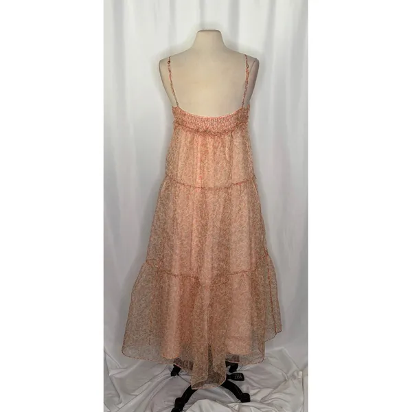ZARA Organza Pink Peach Floral Maxi Dress Tiered Sundress Summer Vacation Medium - Image 9