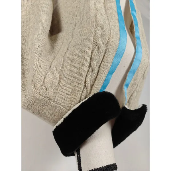 Women's Cable Knit Cardigan Sweater Cream Faux Fur Collar Open Front - Image 4