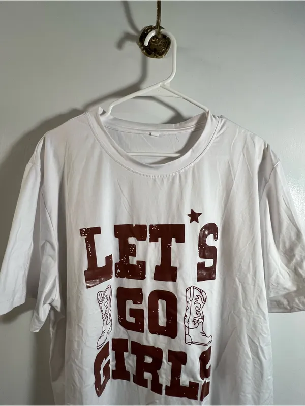 Women’s Size XL T-Shirt White Brown Let’s Go Girls Cowboy Boots Short Sleeve - Image 3