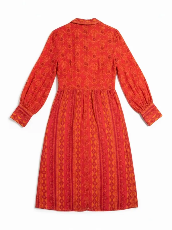 Farm Rio Midi Dress Womens Small Red Orange Long Sleeve V-Neck - Image 6