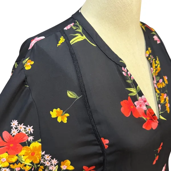 Old Navy L Floral Balloon Sleeve Midi Dress Semi Sheer Black Babydoll Cottage - Image 4