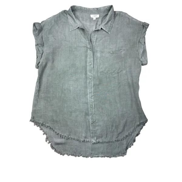 Umgee Green Short Sleeve Frayed Hem Button Down Shirt Small 100%‎ Rayon Boho Top - Image 2