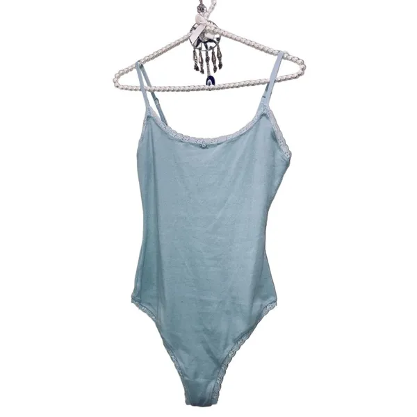 SKIMS Retired NWT Size Large Pointelle thong bodysuit top sky blue LOGO - Image 2