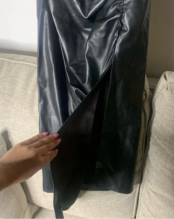 ZARA Faux Leather Strapless Black Dress NWT Size XS Midi Side Slit Zip Slimming - Image 8