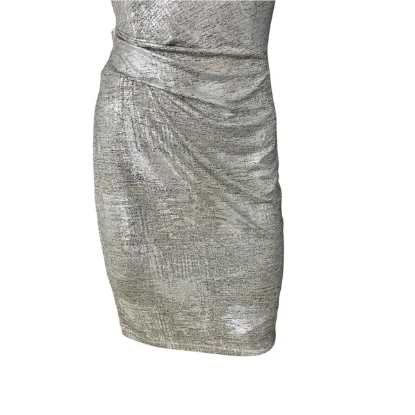 Vince Camuto Women's Silver Metallic Ruched Mini Dress 6 Sheath Cowl Neck - Image 14