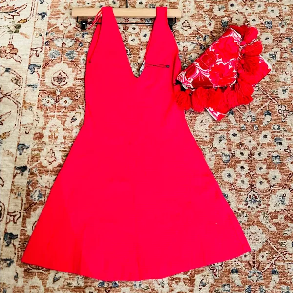 Zara Fuchsia Pink Ribbed Mini Dress NWT Size M Sleeveless V Neck Fit & Flare - Image 6