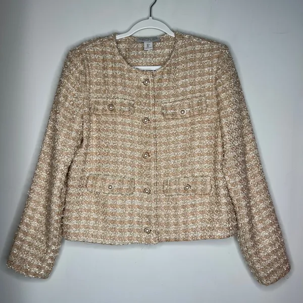 Rachel Zoe Tan Gold Tweed Blazer Jacket Size Large - Image 2