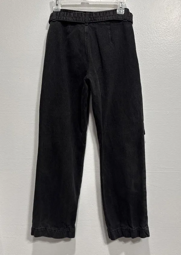Forever 21 Jeans Womens Size 24 Cargo Wide Leg Belted Faded Black Denim Pants - Image 4