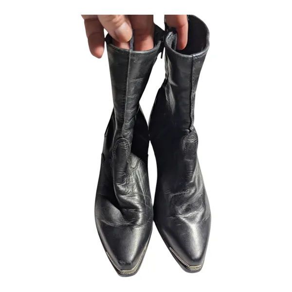 Vtg 1980s Black Leather Scalloped Detail Pointed Toe Block Heel Western Boots 7 - Image 2