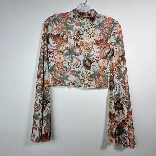 Retro Floral Mesh Mock Neck Cropped Top Long Bell Sleeve 70s Style Boho Festival - Image 2