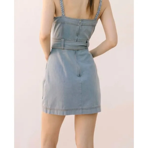 Storia Back At It Denim Braided Strap Belted Mini Dress Pockets - Image 2