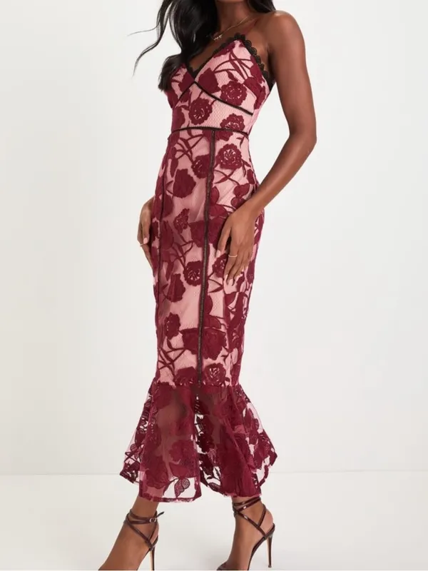 Lulus Alluring Dream Burgundy Floral Mesh Lace Trumpet Midi Dress - Image 3