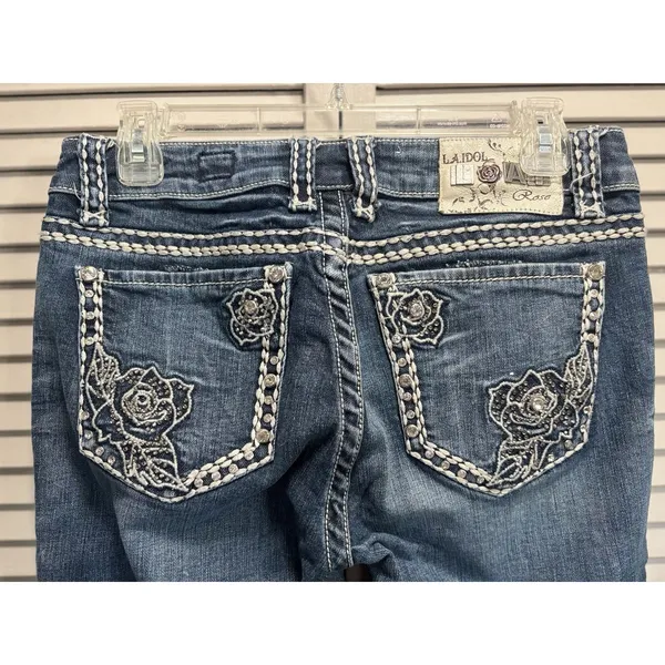 L.A Idol Denim Jeans Size 9 Skinny Gems Stitching Roses Low Rise Zip - Image 4