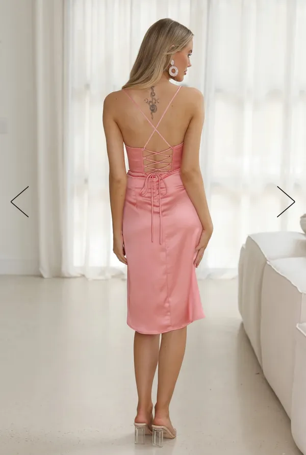 Hello Molly My Fierce Heart Satin Pink Midi Dress Size Small - Image 2
