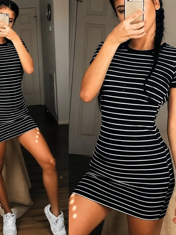 Black & White Striped Bodycon Mini Dress Short Sleeve NWT - Image 2