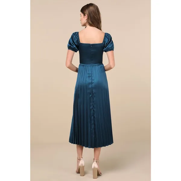 NWT Lulus Flawless Forever Teal Satin Pleated Midi Dress Bridesmaid Gala Size M - Image 3