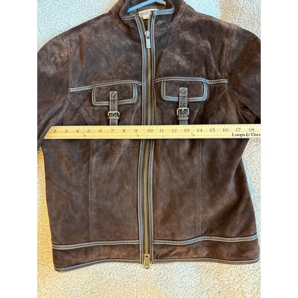 Michael Michael Kors Brown Suede Leather Jacket Contrast Stitch Buckle Large - Image 11