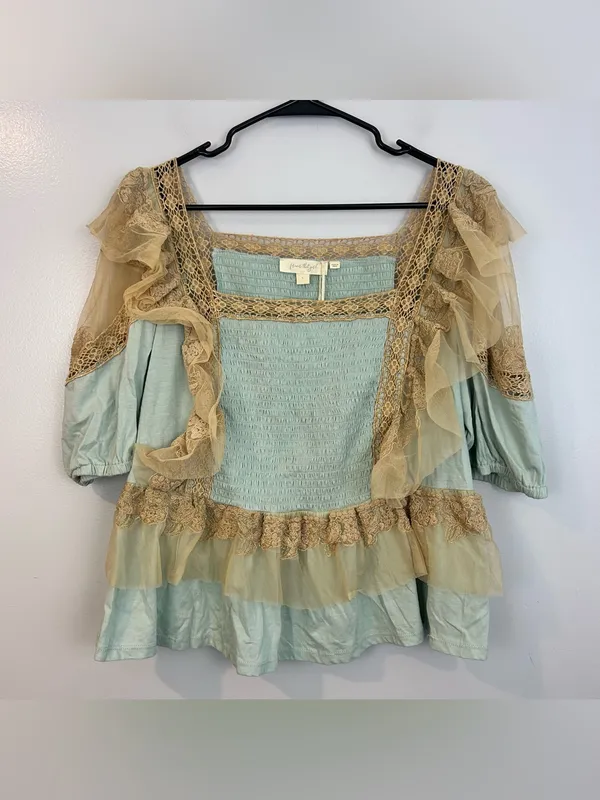 NWT Forever That Girl Blue/Tan Ruffle Lace Peplum Fairy Top Large Anthropologie - Image 16