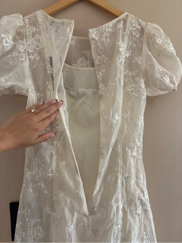 Lulus Elfrieda Cream Floral Embroidered Puff Sleeve Midi Dress Size Small Bridal - Image 10