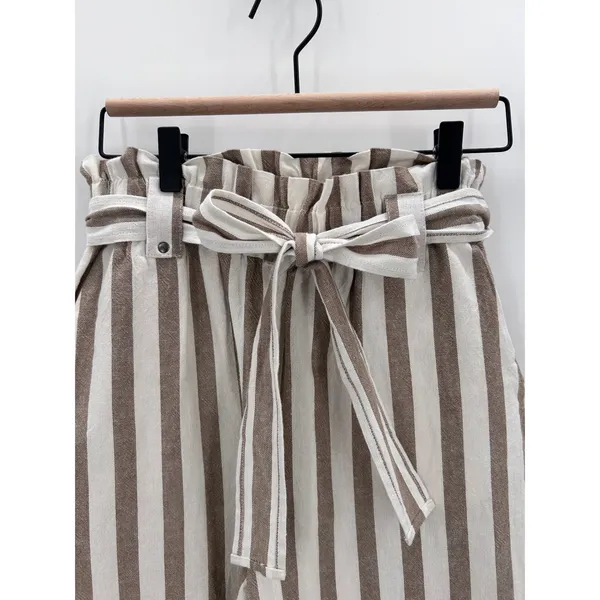 Women's Striped Cotton Paperbag Waist Blend Pants Medium Neutral Minimalist‎ - Image 3