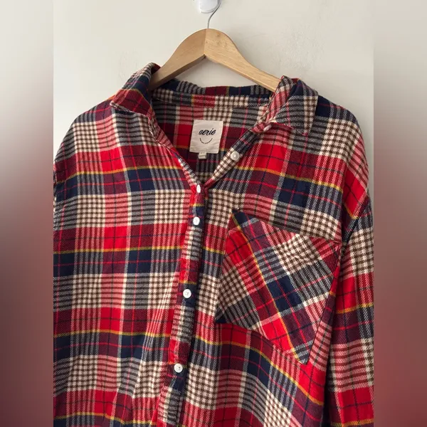 Aerie Red‎ Plaid Flannel Cotton Cozy Long Sleeve Pajama Lounge Button Down Top - Image 3