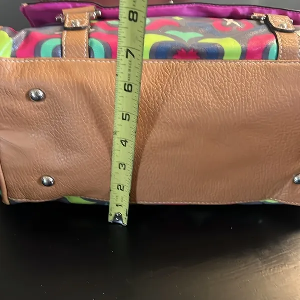 Lily Bloom Multicolor Satchel Handbag‎ Geometric Floral Coated Canvas Brown Trim - Image 3