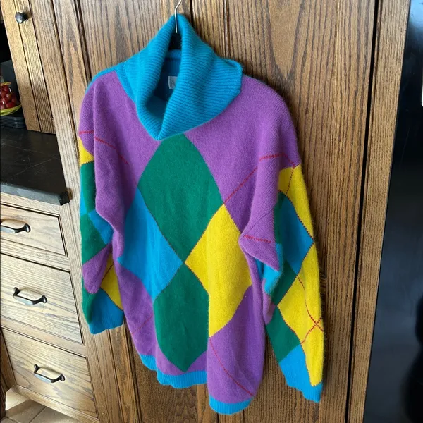 Vintage Aziza Argyle Lambswool Angora Sweater‎ Turtleneck Oversized - Image 2