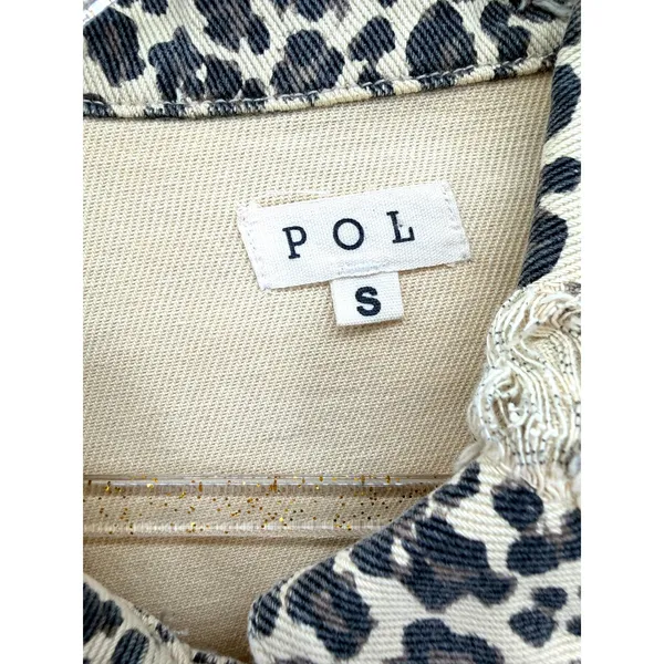 POL Leopard Print Distressed Denim‎ Jacket Tan Colorblock Oversized S Western - Image 6