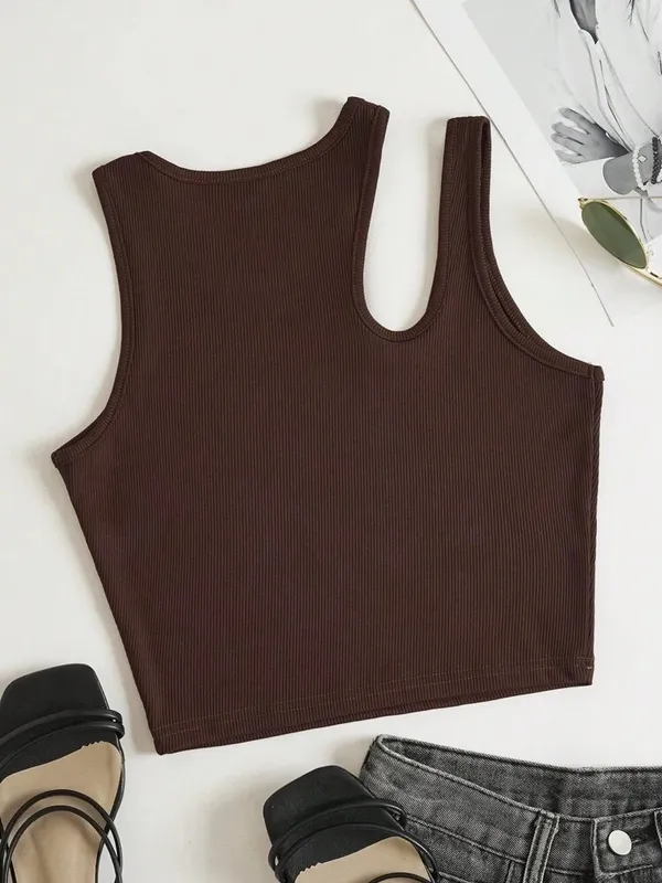 Sheila Fajl ✨ SHEIN Women’s Brown Ribbed Cutout Crop Tank Top – Size Small 🤎 - Image 5