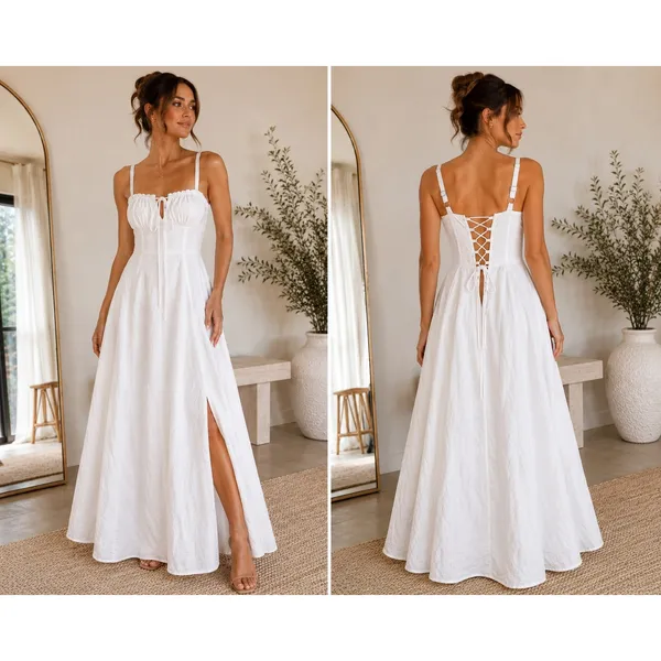 Haute Monde Maxi Dress Womens L White Corset Lace Up Back Slit Boho Bridal - Image 2