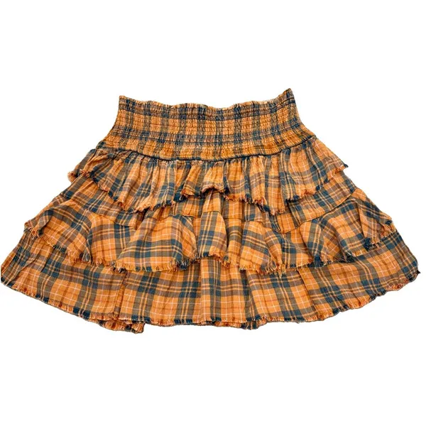Free People Plaid Ruffle Mini Skirt Size Orange Blue High Waist Boho L - Image 3