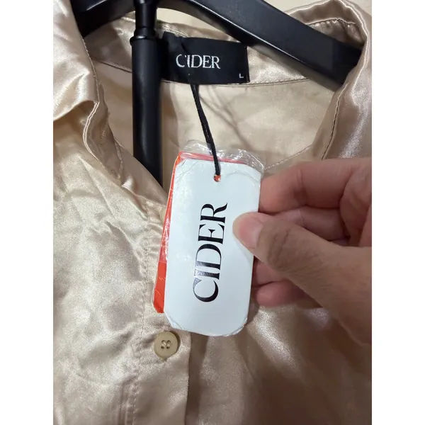 Cider Women Champagne Beige Satin Long Flared Sleeve Shirt Mini‎ Dress Size S - Image 7