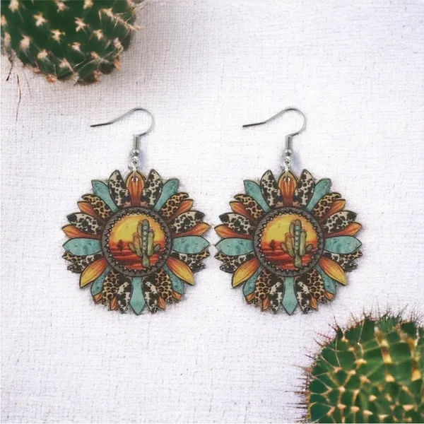 Sunflower shaped pendant drop‎ leopard pattern wooden hook earrings - Image 6