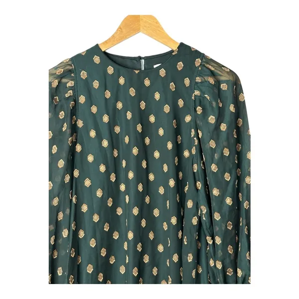 Calvin Klein Shift Dress Women 4 Green Gold Metallic Dot Long‎ Sleeve Tie Cuff - Image 5