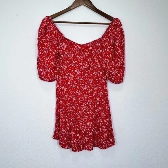 Reformation Red Puff Sleeve Mini Dress Bustier‎ Ditsy Floral Milkmaid Party Date - Image 5