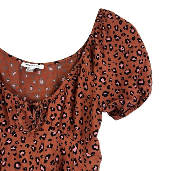 American Eagle Leopard Print Babydoll Top Rust Orange Puff Sleeve Boho Size XS - Image 3